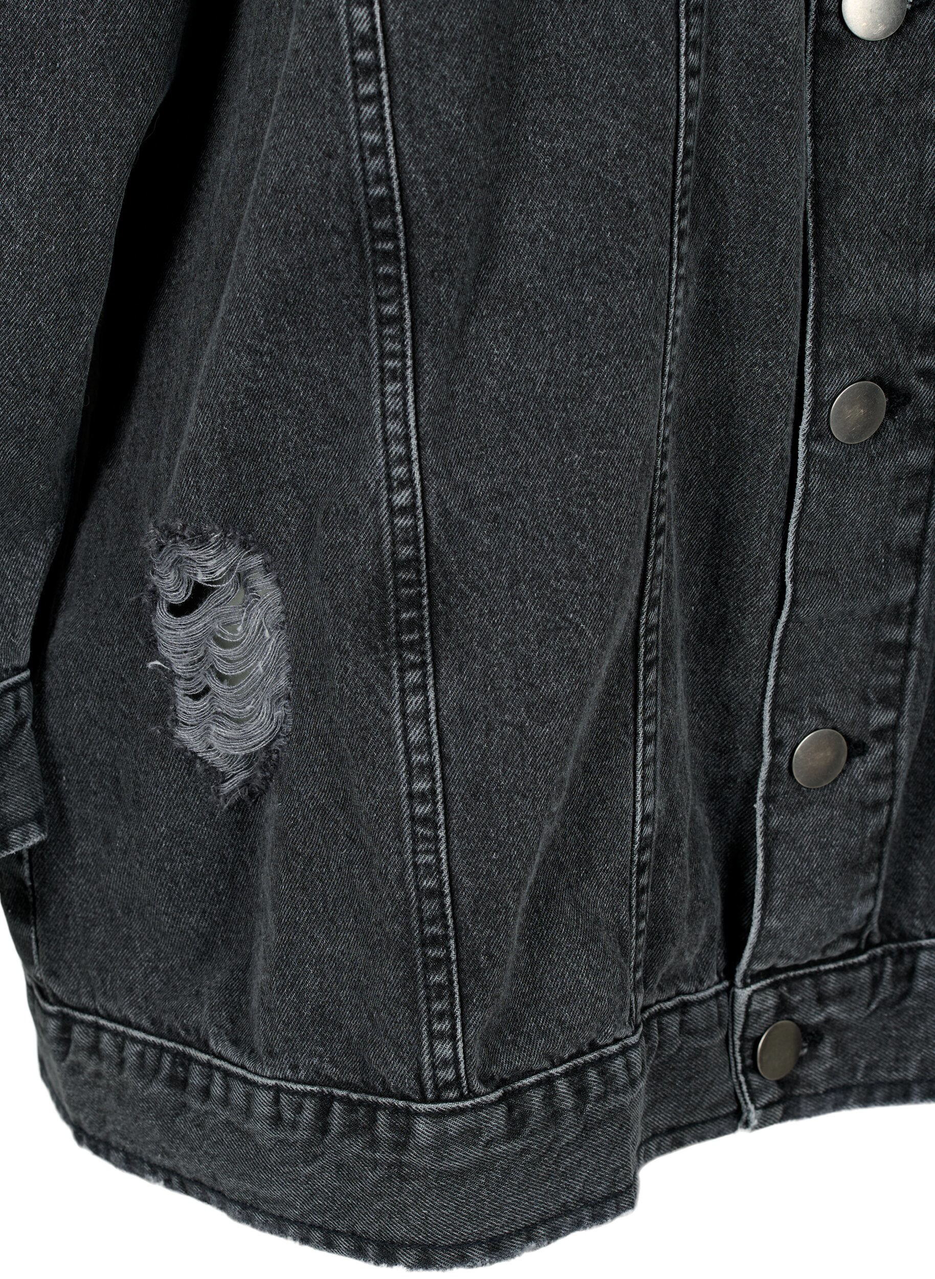 ZizziLoszittend denim jack met slijtagedetails, Dark Grey Denim, Packshot image number 3