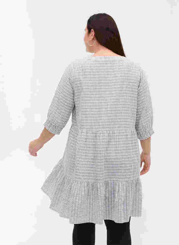 Gedessineerde katoenen jurk met 3/4-mouwen en smokwerk, White Check, Model image number 1