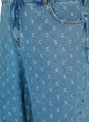 Cropped jeans met print en hoge taille, Blue denim, Packshot image number 2