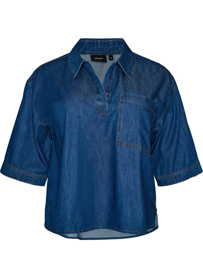Chemisier en jean avec poche poitrine et manches coude, Bleu, Packshot image number 0