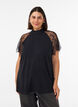 Blouse met korte kanten mouwen en hoge hals, Zwart, Model image number 0