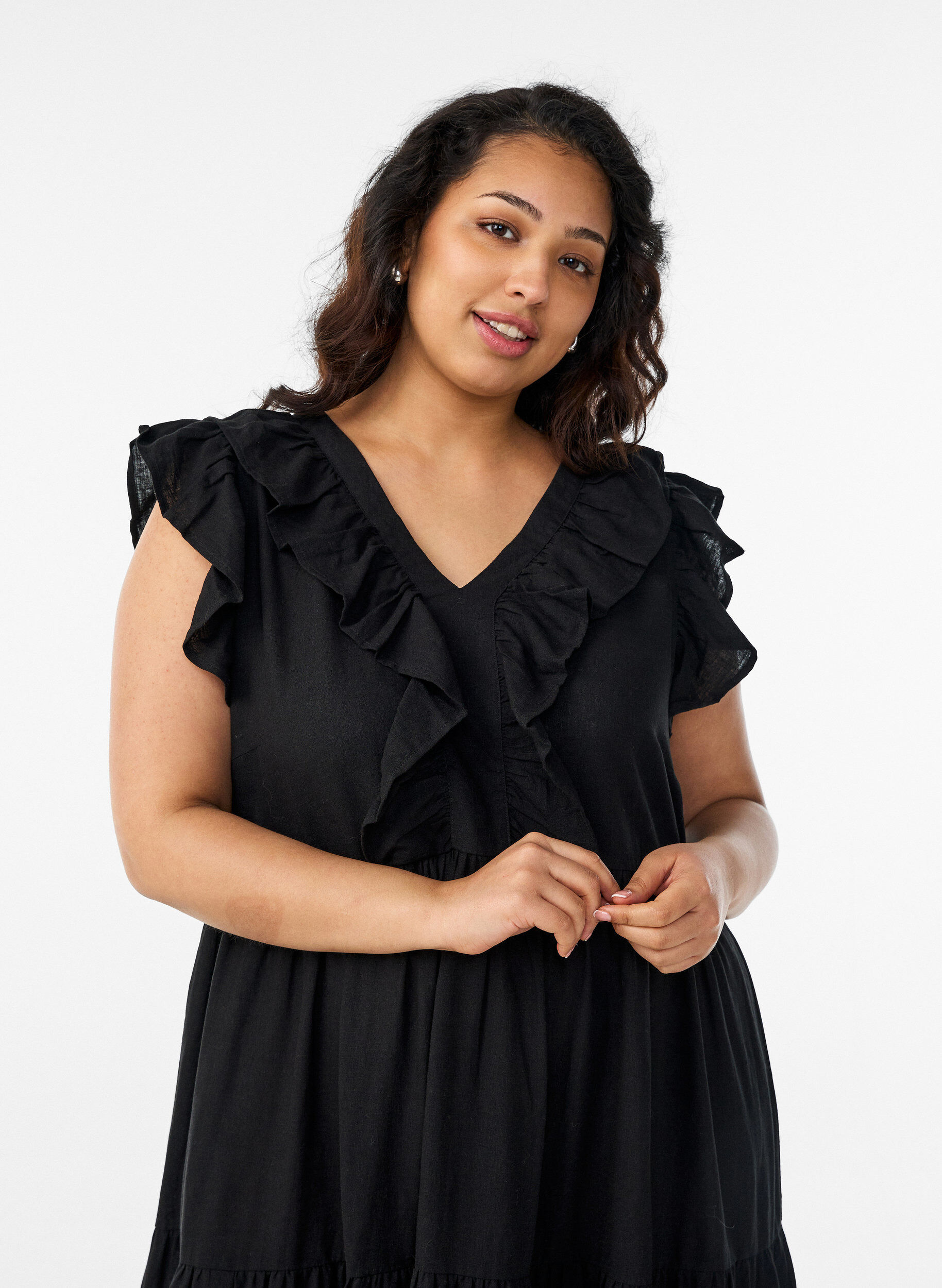 ZizziRobe midi sans manches en lin et viscose avec volants, Noir, Model image number 2