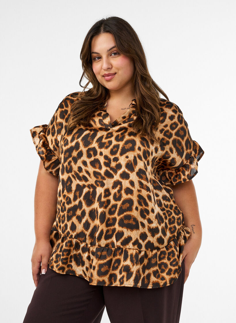 Blouse met luipaardprint en ruches, Bruin, Model image number 0