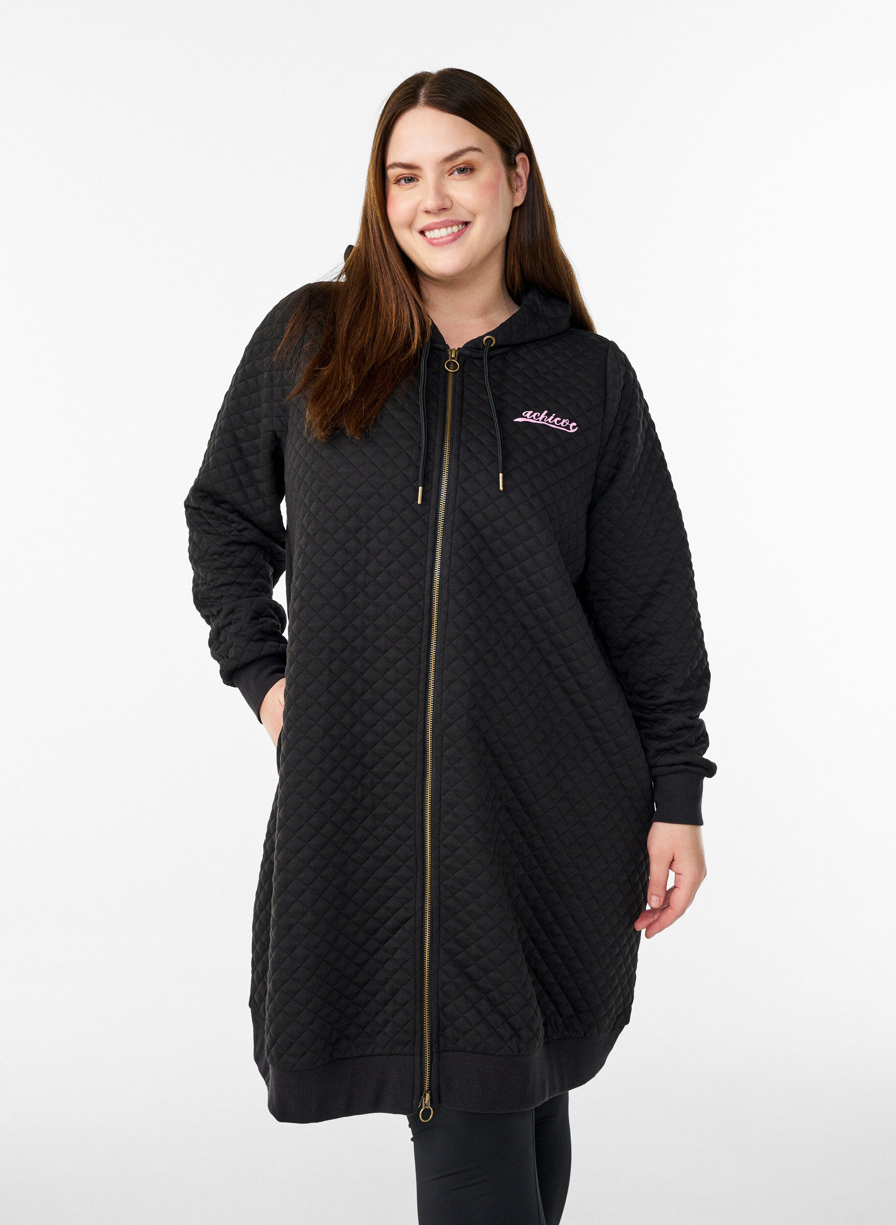 Cardigan matelass&eacute; long avec fermeture &eacute;clair pour le sport, Noir, Model