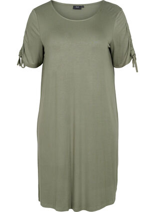 Viscose jurk met korte mouwen en koordjes, Dusty Olive, Packshot image number 0