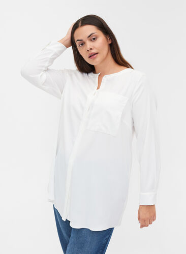 Lange blouse in effen kleur met borstzak, Warm Off-white, Model image number 0