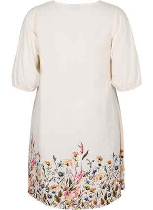 Gebloemde viscose jurk met korte mouwen, Off White Flower, Packshot image number 1