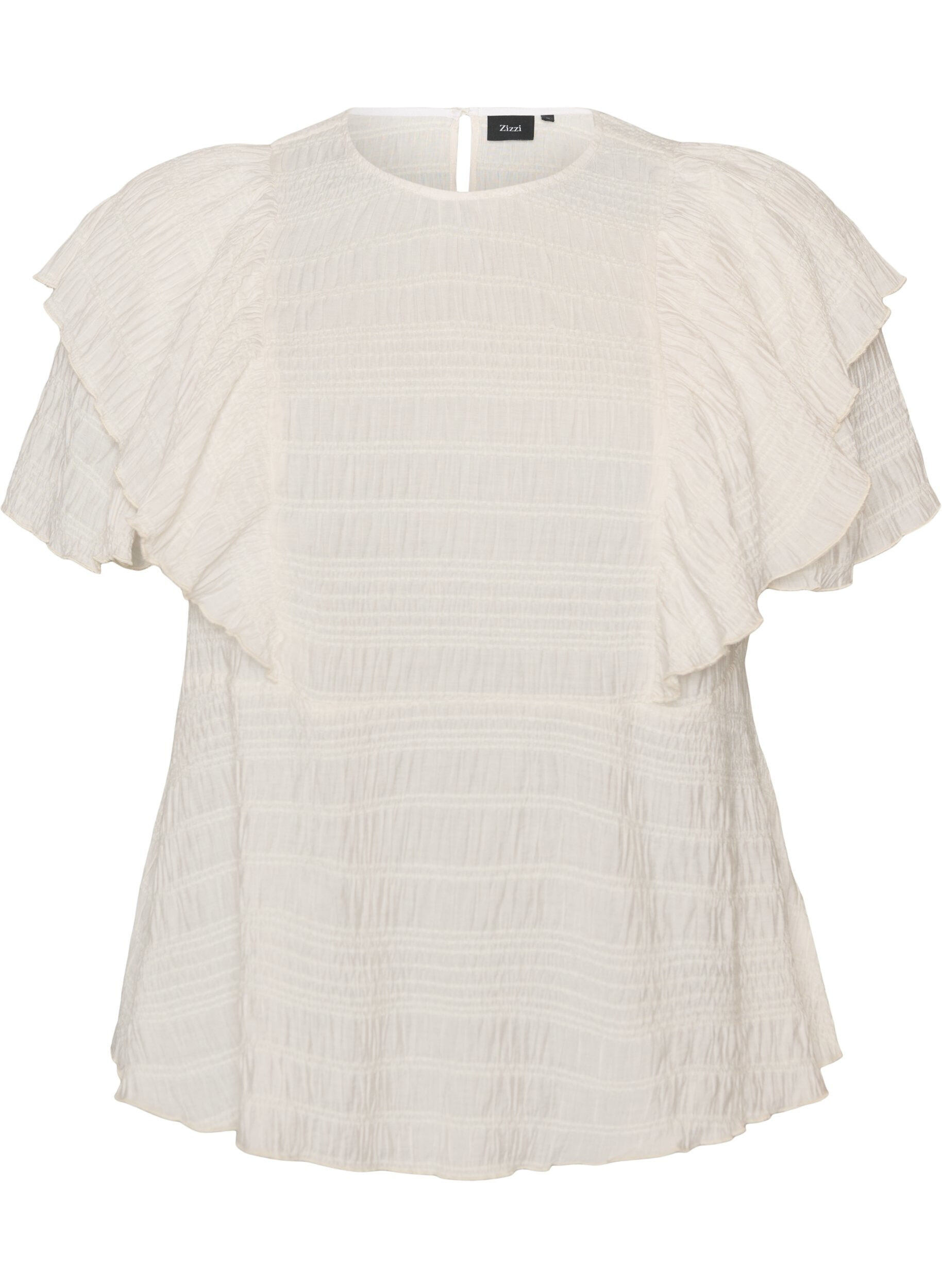 Blouse avec texture smock&eacute;e et manches &agrave; volants
