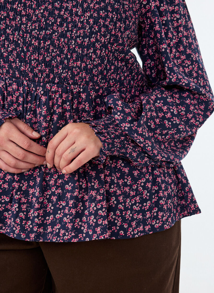 Blouse met gesmokte top en bloemenprint, Blauw, Model image number 3