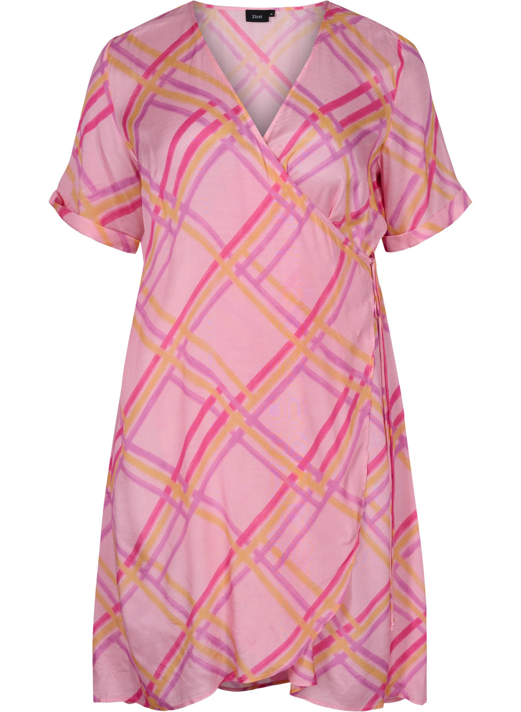ZizziGeruite viscose wikkeljurk, Pink Check, Packshot image number 0
