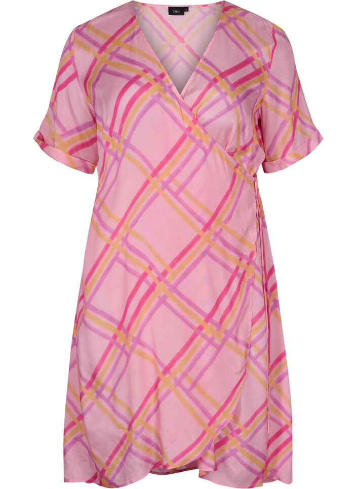 Geruite viscose wikkeljurk, Pink Check, Packshot image number 0