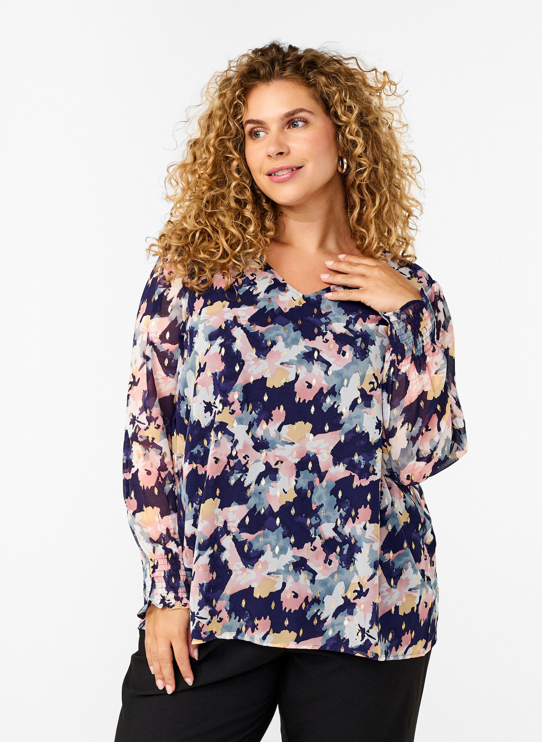 ZizziGebloemde blouse met lange mouwen en V-hals, Night Sky AOP Flower, Model image number 0