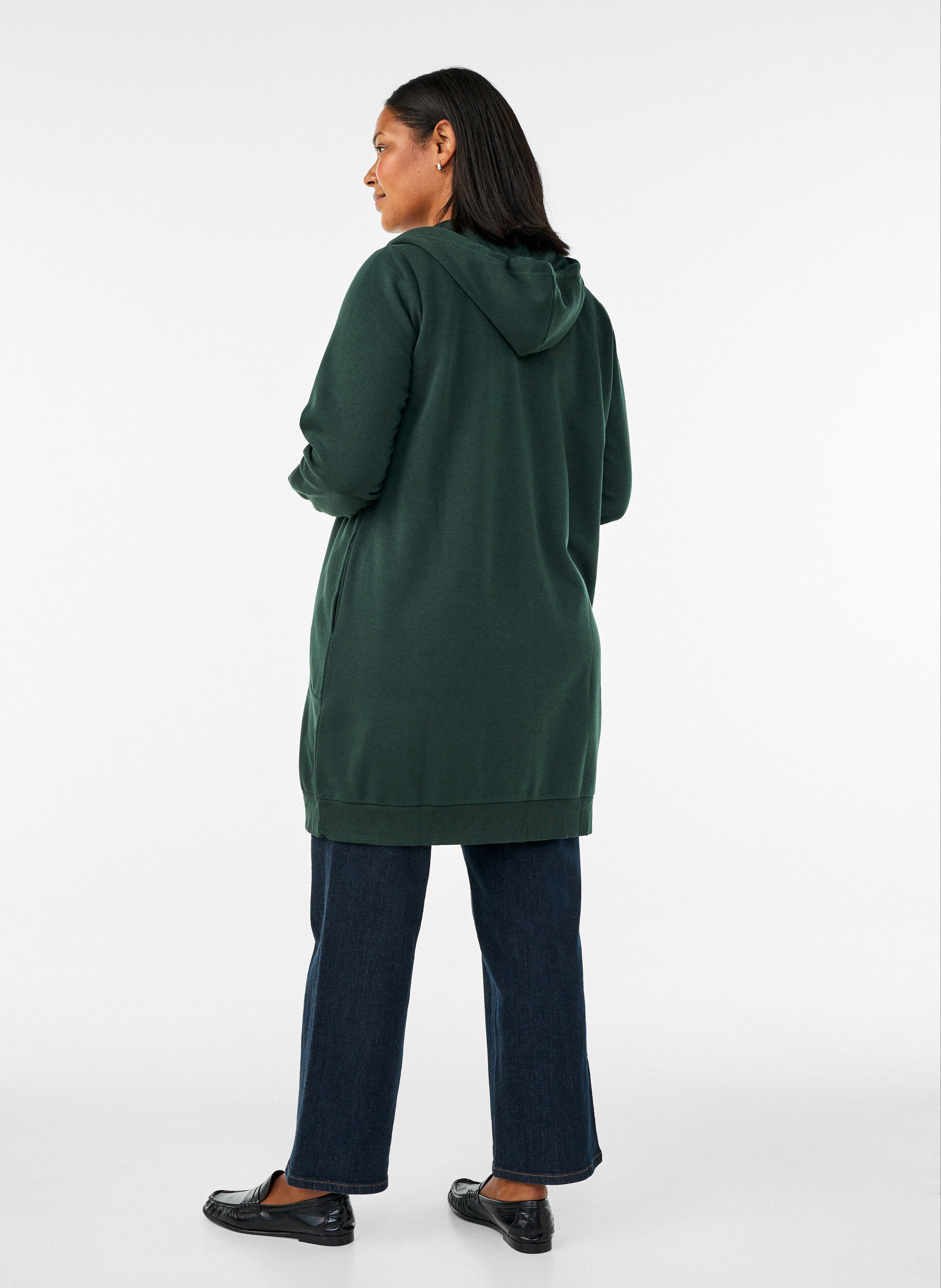 ZizziSweat &agrave; capuche long avec zip et poches, Vert fonc&eacute;, Model image number 2