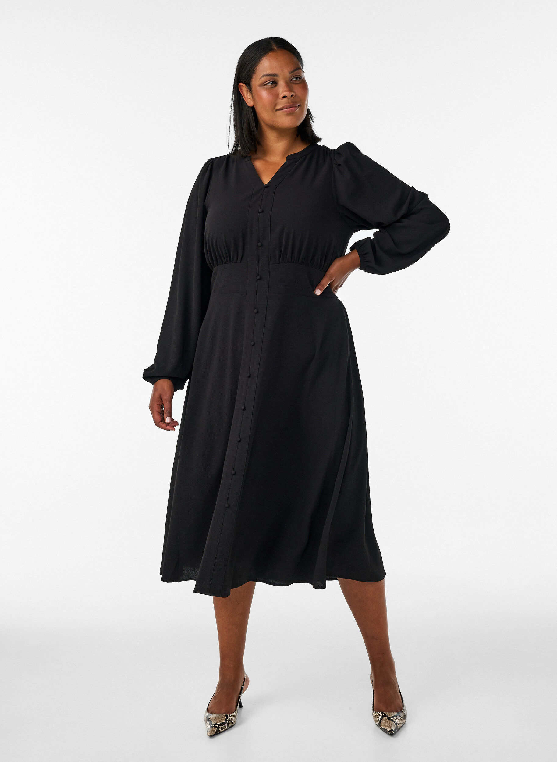 ZizziRobe midi avec smocks et boutons d&eacute;coratifs, Noir, Model image number 0