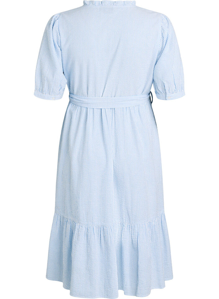 Robe midi &agrave; rayures en coton avec ceinture &agrave; nouer, Blanc, Packshot image number 1
