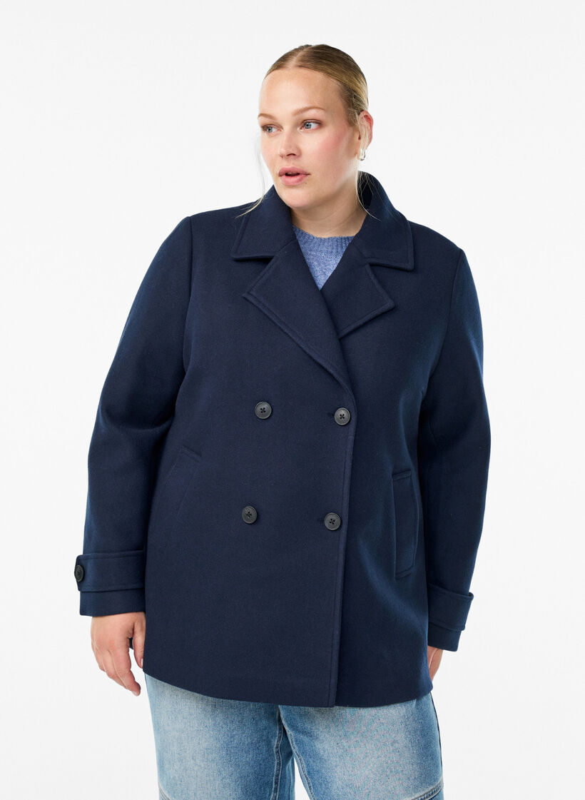 Manteau court &agrave; boutonnage crois&eacute;, Bleu, Model image number 0