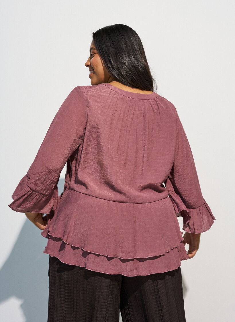 Blouse met 3/4-mouwen en ruchesdetails, Roze, Model image number 2