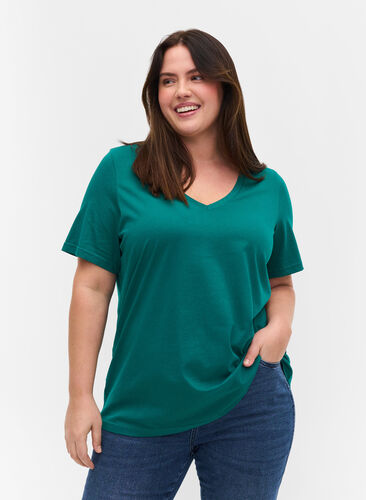 T-shirt in biologisch katoen met v-hals, Teal Green, Model image number 0
