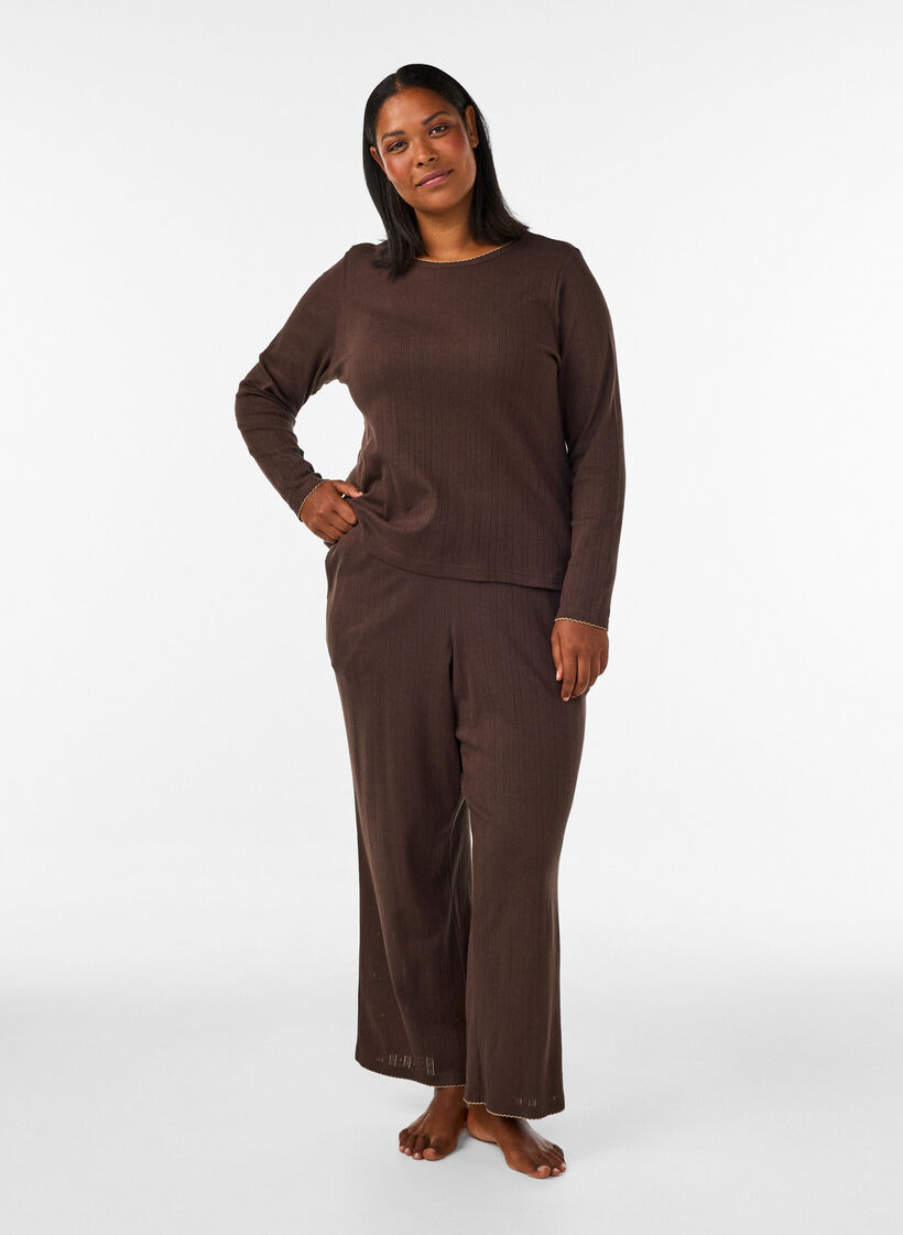 Bas de pyjama en coton biologique avec broderie ajour&eacute;e, Marron, Model image number 1
