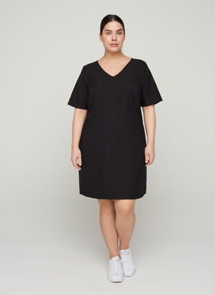 Effen etui-jurk met v-hals, Black, Model image number 2