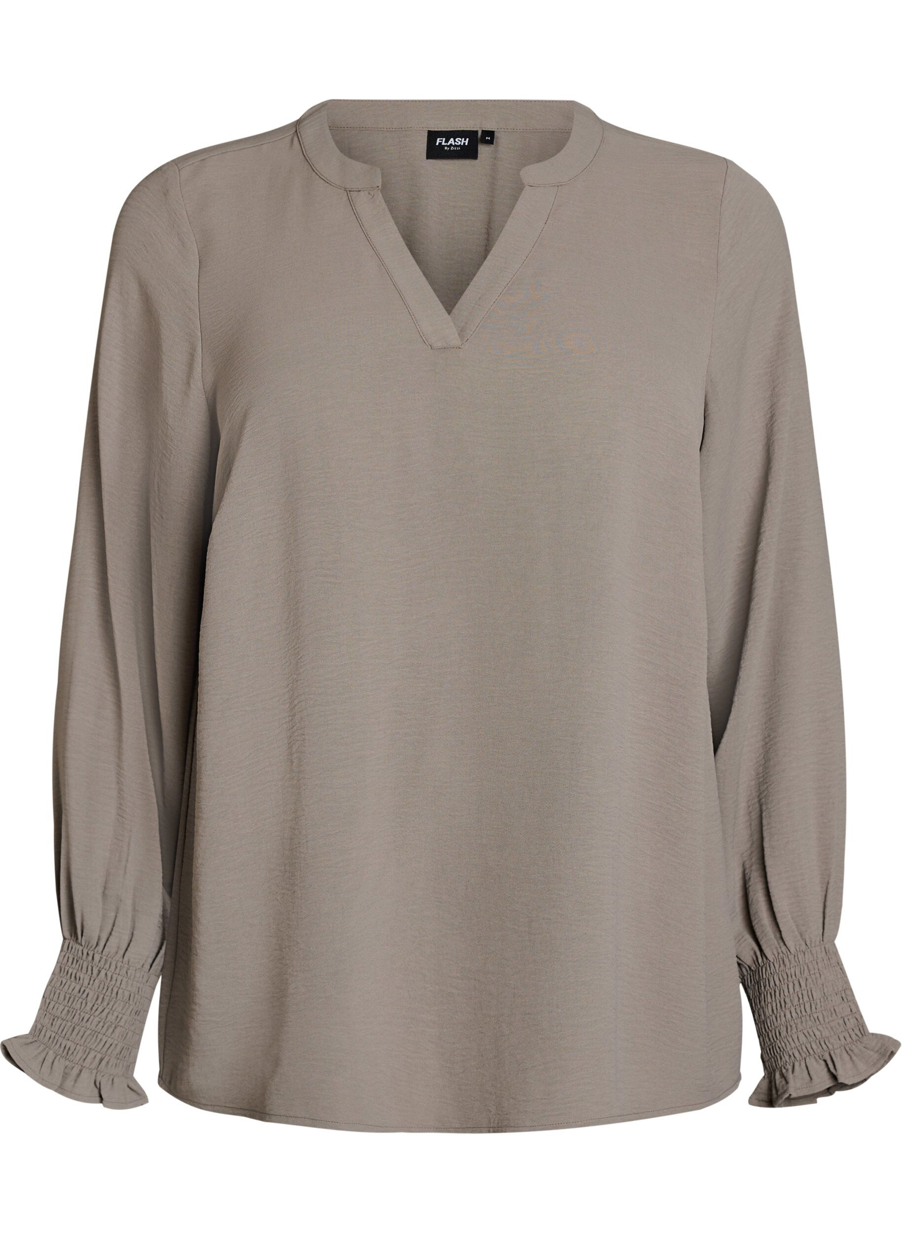 Zizzi Blouse avec poignets smock&eacute;s et col en V, Beige, Packshot image number 0