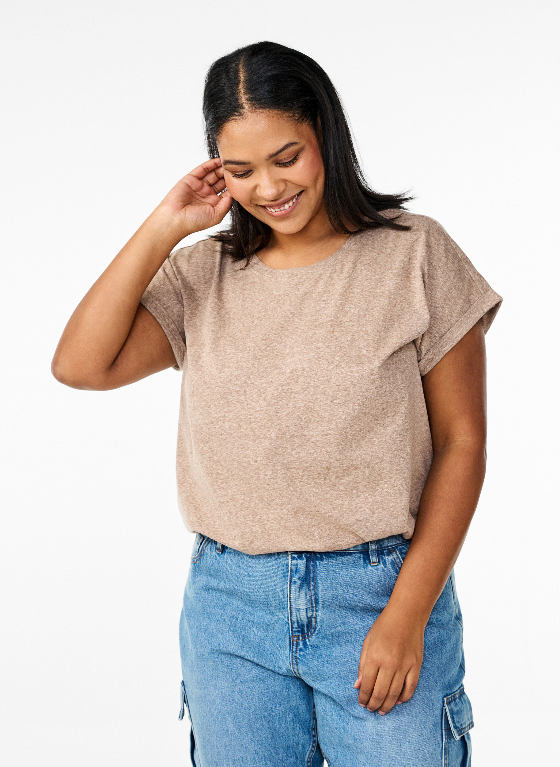 ZizziGem&ecirc;leerd T-shirt met korte mouwen, Bruin, Model image number 0