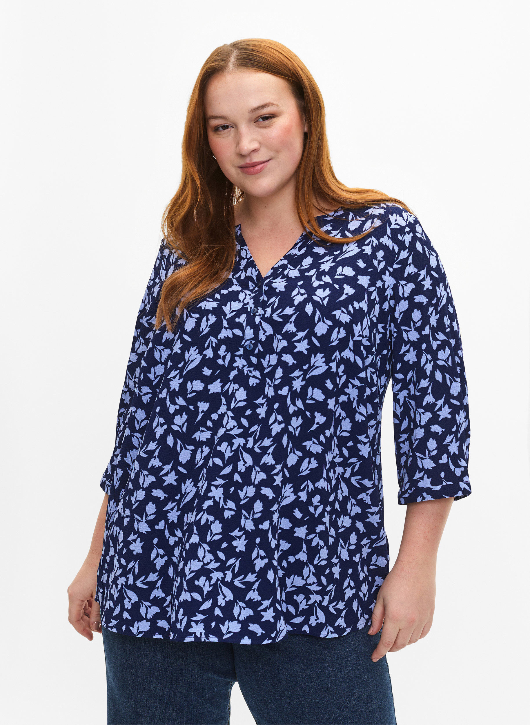 ZizziGebloemde blouse met 3/4 mouwen, M. Blue Flower AOP, Model image number 0