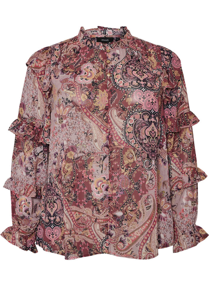 Blouse &agrave; imprim&eacute; cachemire et d&eacute;tails &agrave; volants, Mauve, Packshot image number 0