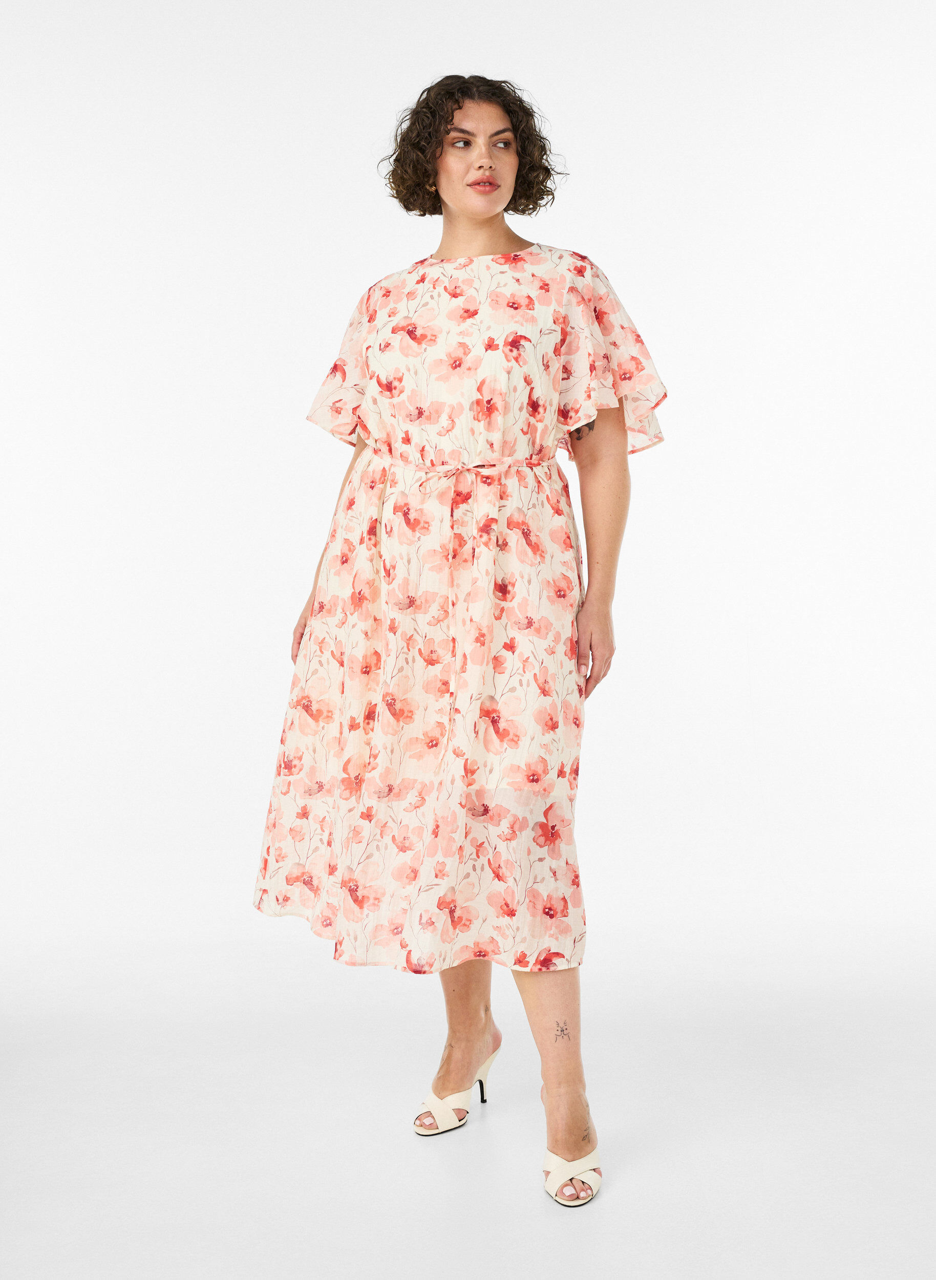 Enkellange jurk met vlindermouwen en strikceintuur, Roze, Model