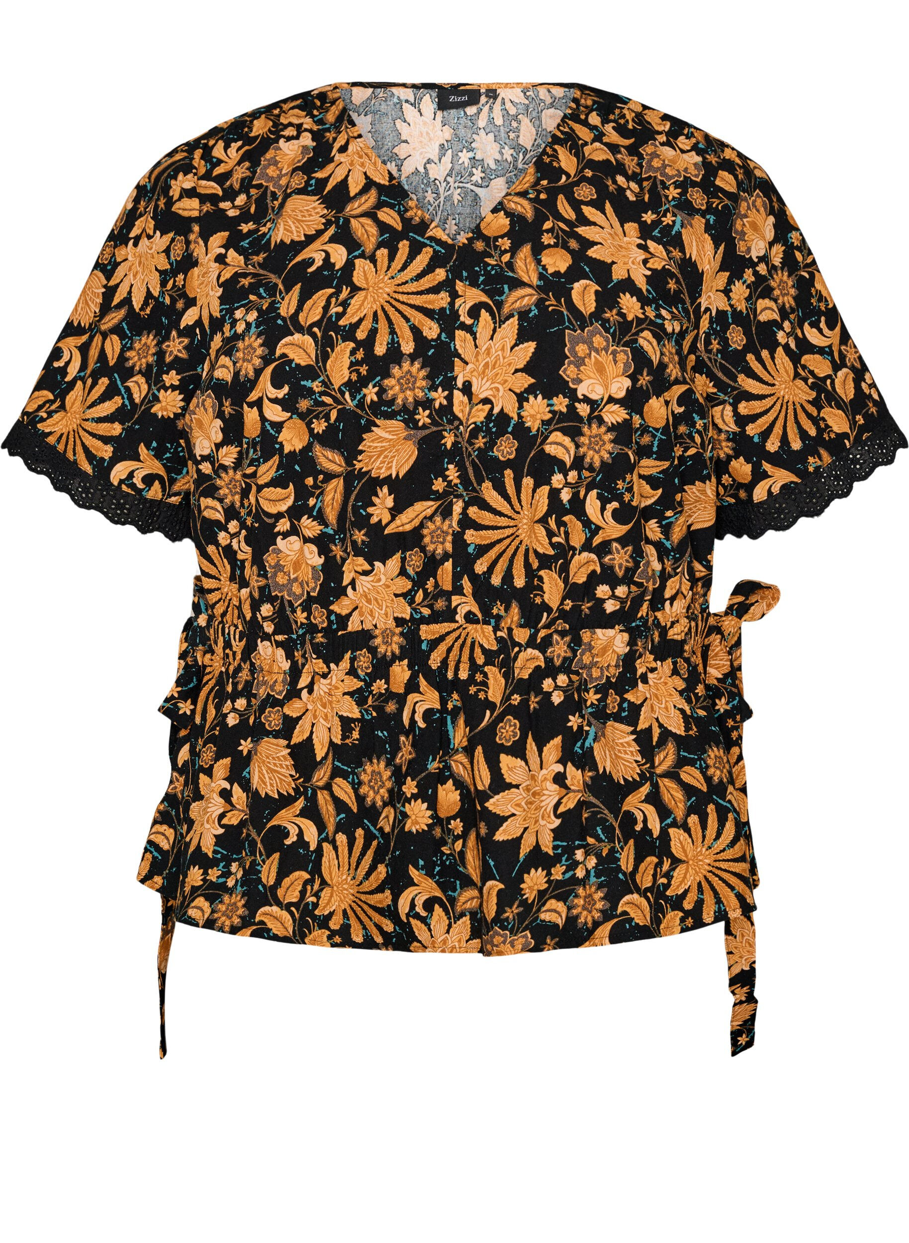 ZizziKatoenen blouse met bloemenprint en striksluiting, Oranje, Packshot image number 0