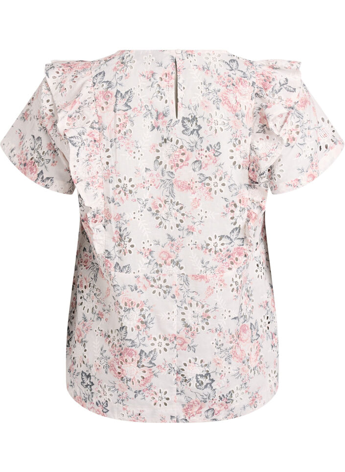 Blouse en coton avec broderie anglaise et volants, Rose poudr&eacute;e, Packshot image number 1