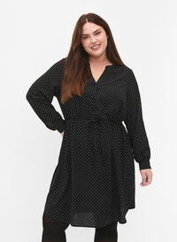 SHOCK PRIJS - Bedrukte jurk met koord in de taille, Black Dot, Model