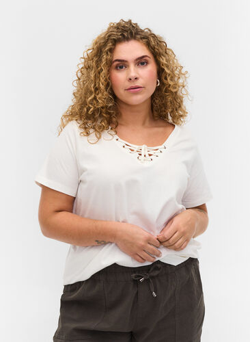 T-shirt en coton bio avec détail dentelle, Warm Off-white, Model image number 0
