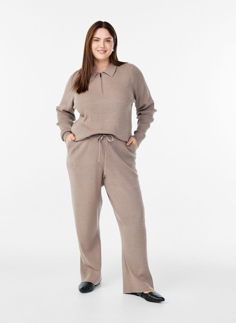 Pantalon taille haute en maille côtelée à jambes droites, Beige, Model image number 0