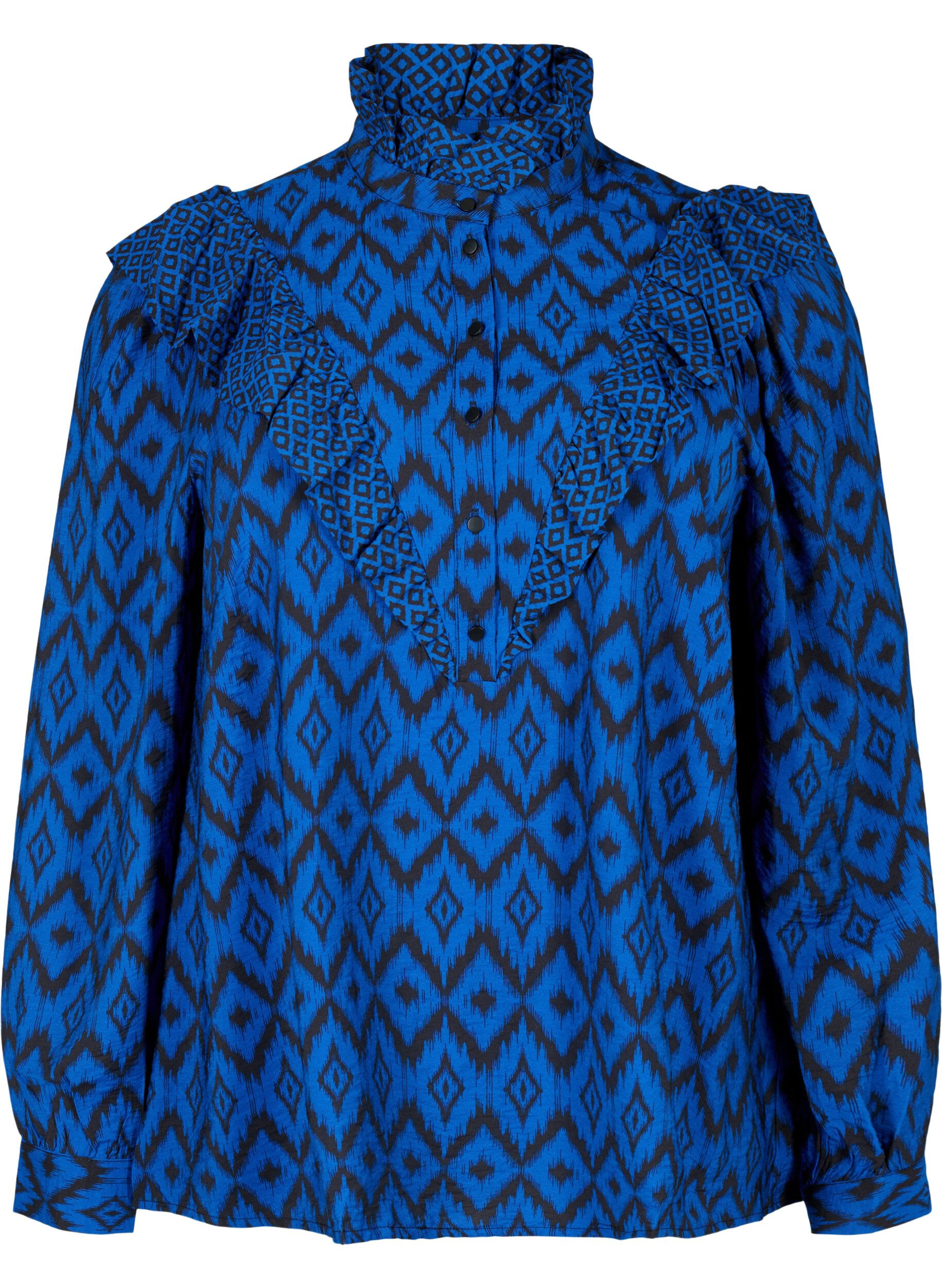 ZizziViscose shirt blouse met franjes, True blue w. Black, Packshot image number 0
