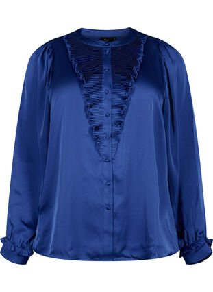 Satijnen overhemd blouse met ruches, Deep Ultramarine, Packshot image number 0