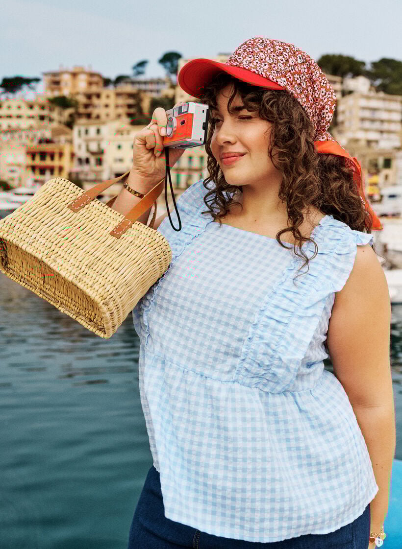 Top met ruitjes en ruchesdetails, Blauw, Image image number 0