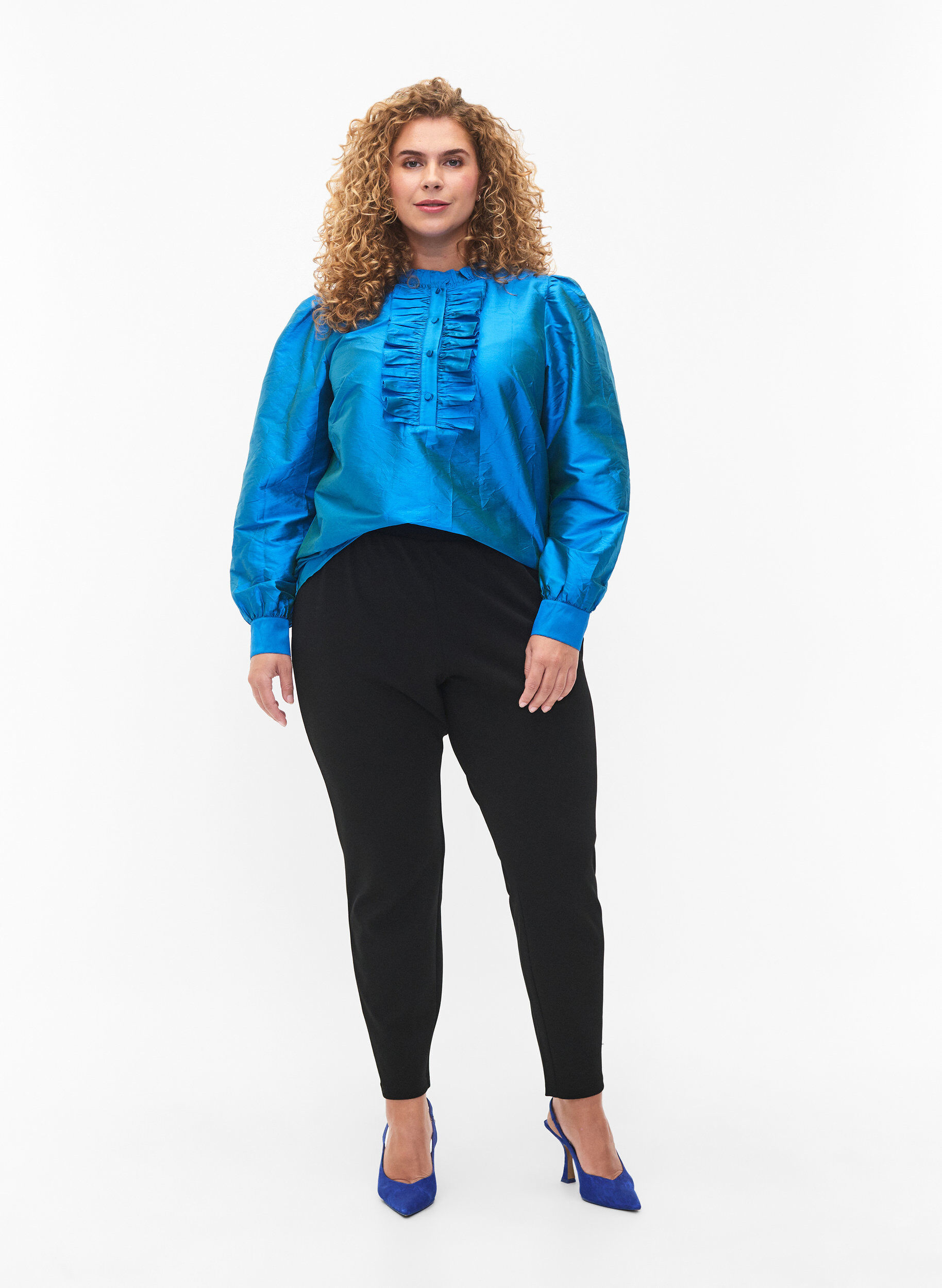 ZizziGlanzende shirtblouse met ruches, Diva Blue, Model image number 2