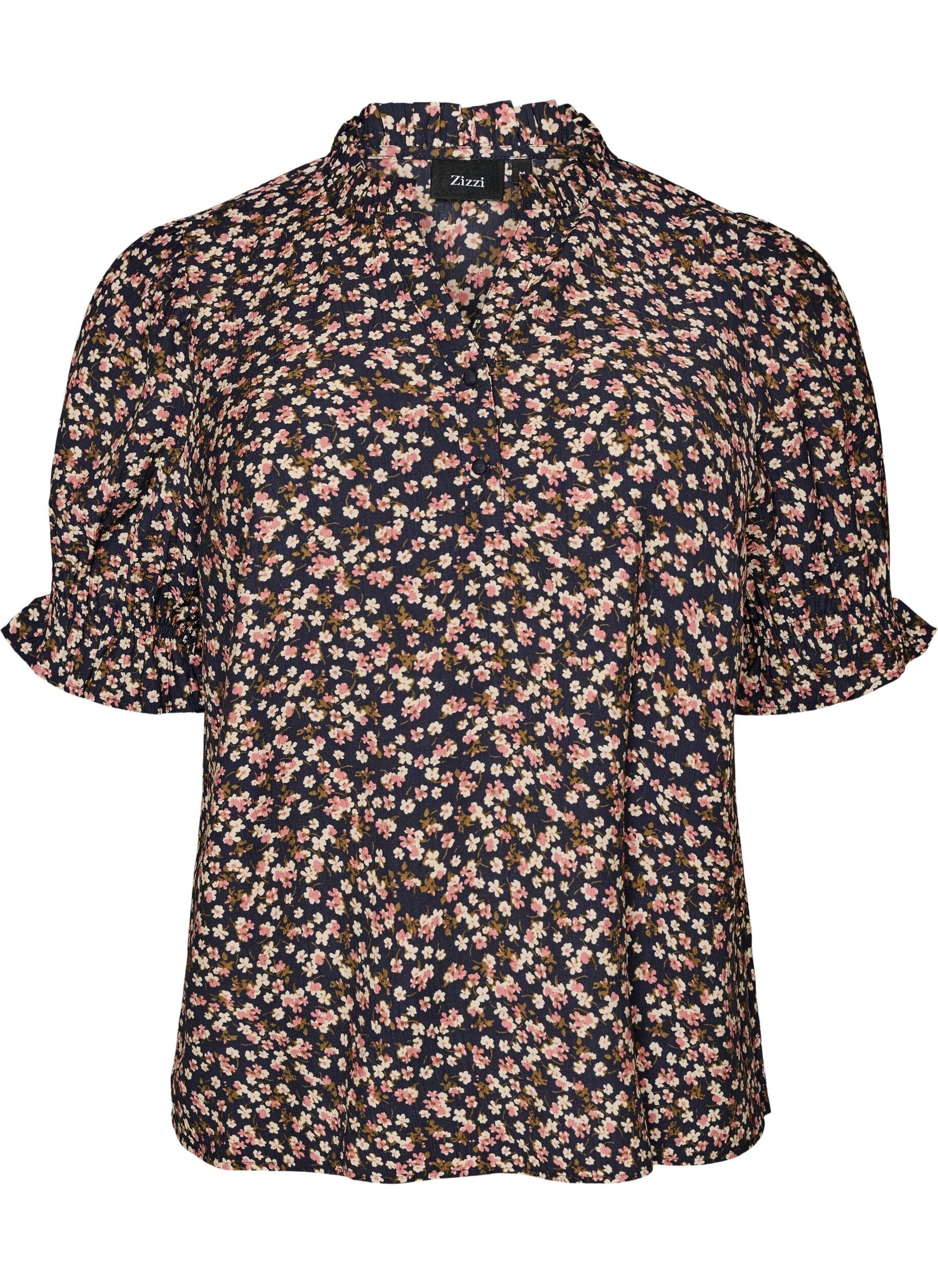 Blouse van viscose met bloemenprint, korte mouwen en smockdetails
