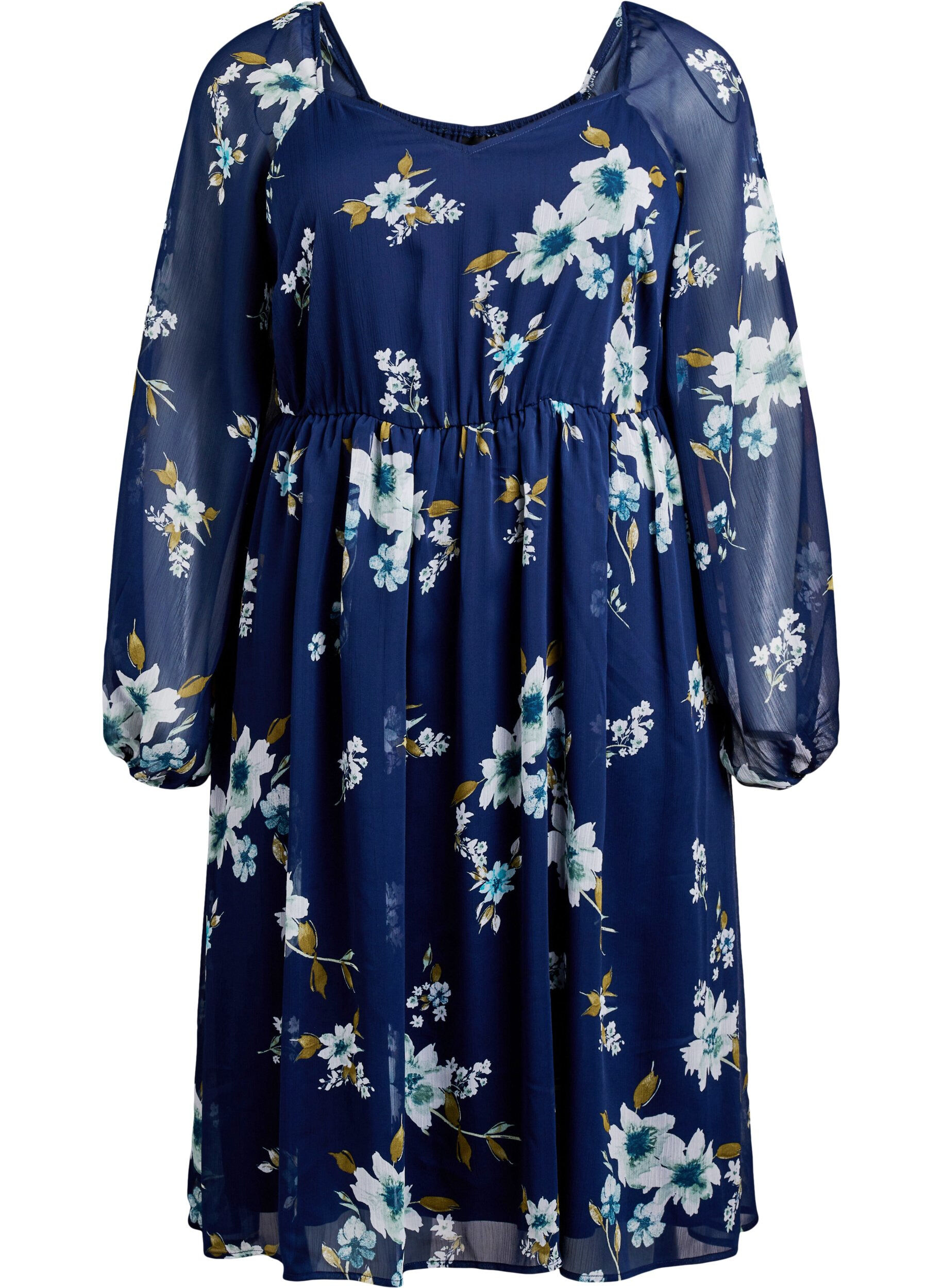ZizziChiffon feestjurk met lange mouwen, Blauw, Packshot image number 0