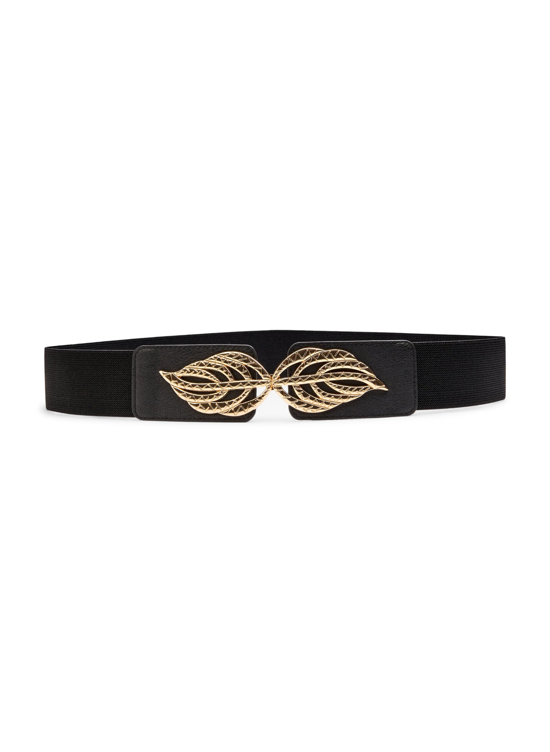 Zizzi Ceinture &eacute;lastique avec boucle feuille dor&eacute;e, Black, Packshot image number 0