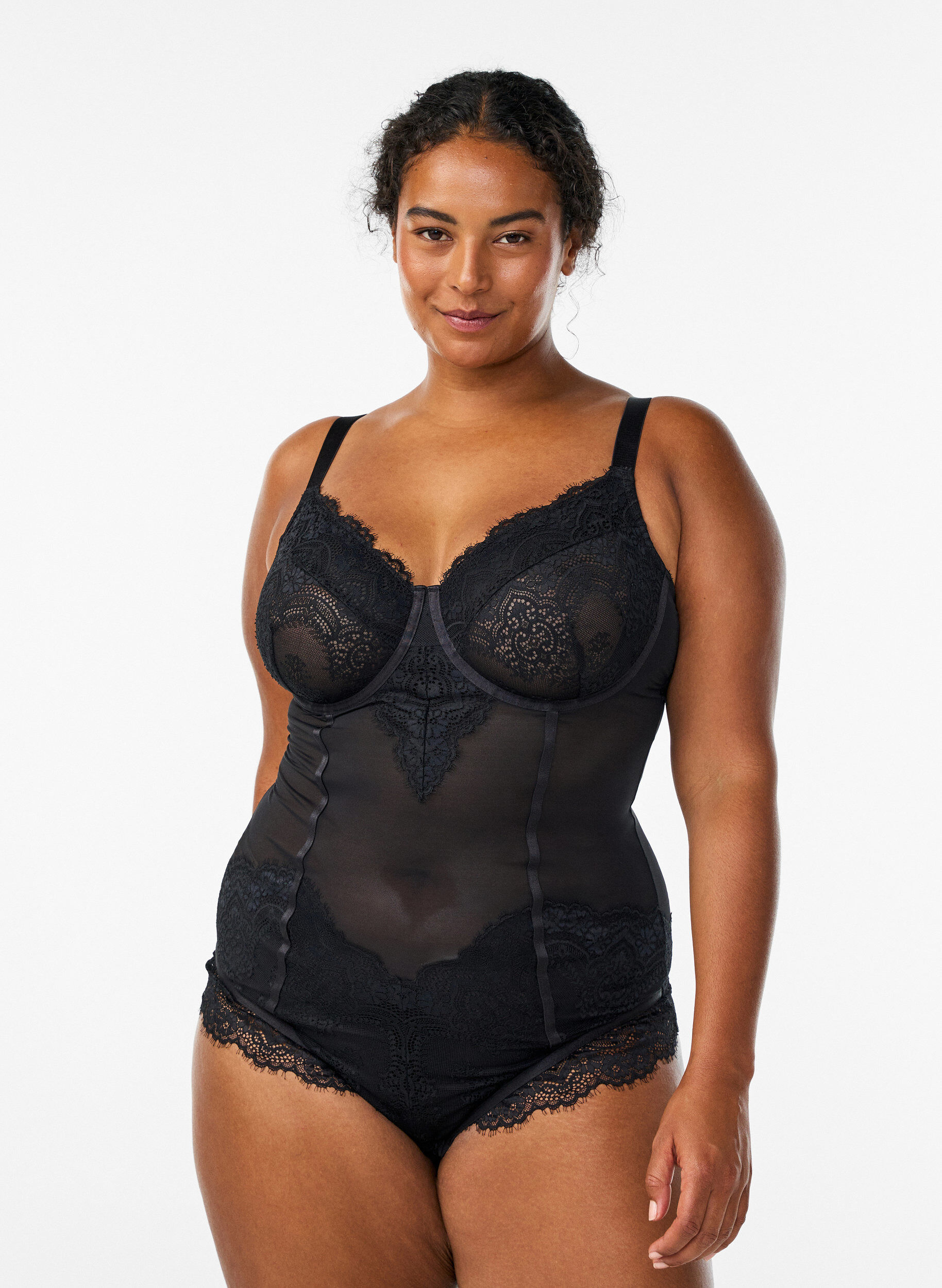 Mesh bodysuit met kant en beugel, Zwart, Model