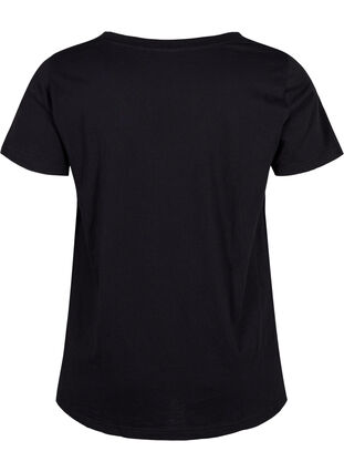 T-shirt en coton avec impression de texte et col en V, Black ORI, Packshot image number 1