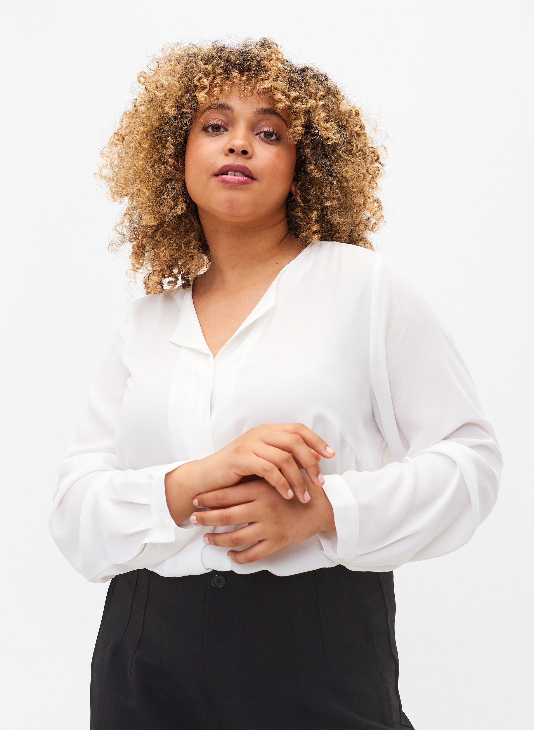 ZizziEffen shirt met V-hals, Bright White, Model image number 0