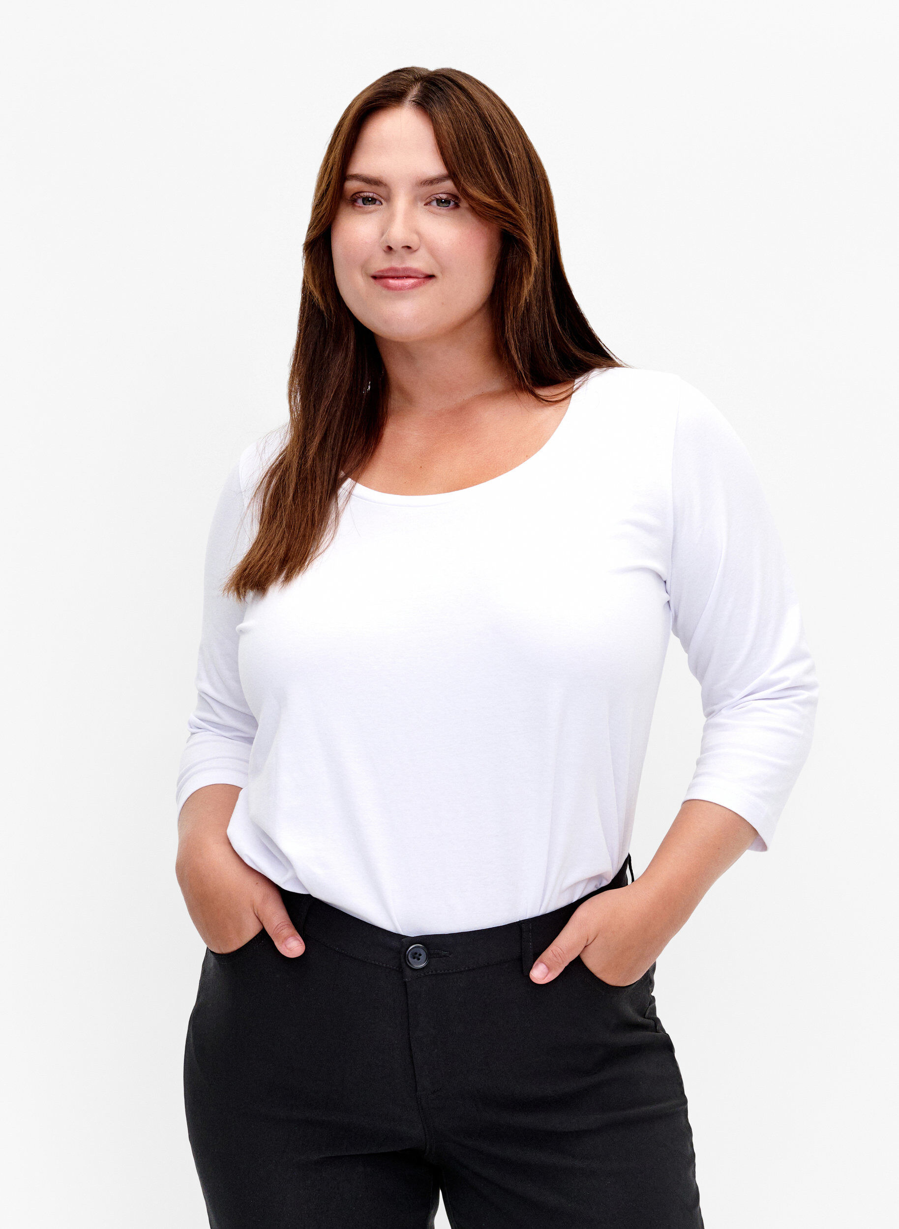 Basic katoenen t-shirt met 3/4 mouwen, Wit, Model