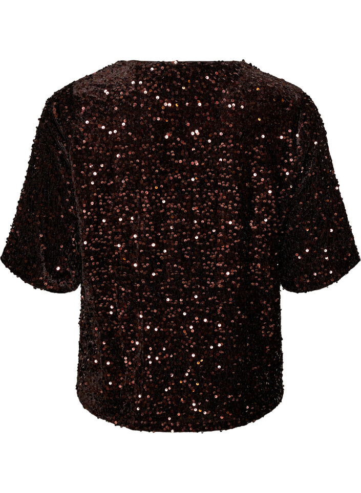 Paillettenblouse met mouwen tot de elleboog, Bruin, Packshot image number 1