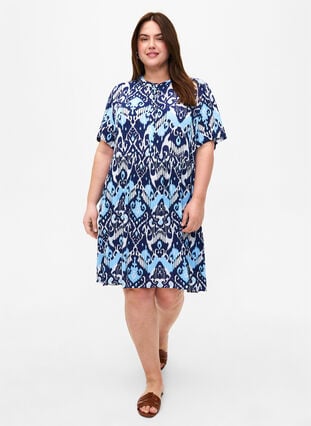 Viscose jurk met korte mouwen en print, Blue Ethnic AOP, Model image number 2