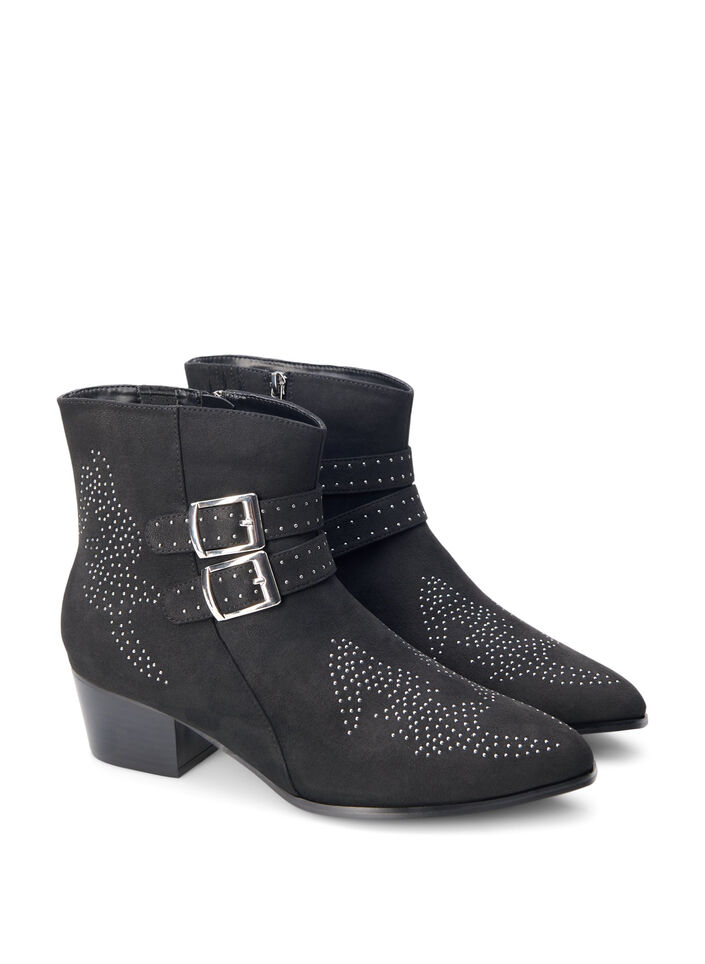 Wide fit - Korte laars met studs en gespen, Black, Packshot image number 1