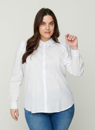 Katoenen blouse met pofmouwen, Bright White, Model image number 0