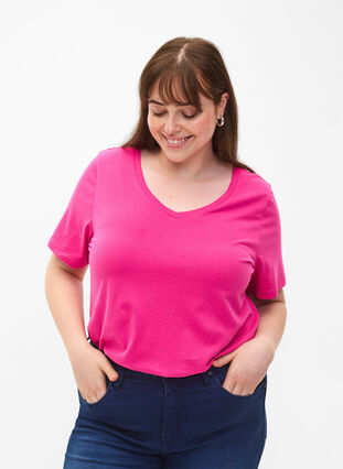 T-shirt en coton uni basique, Raspberry Rose, Model image number 0